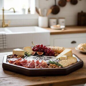Octagonal Wooden Charcuterie Platter with Floral Design